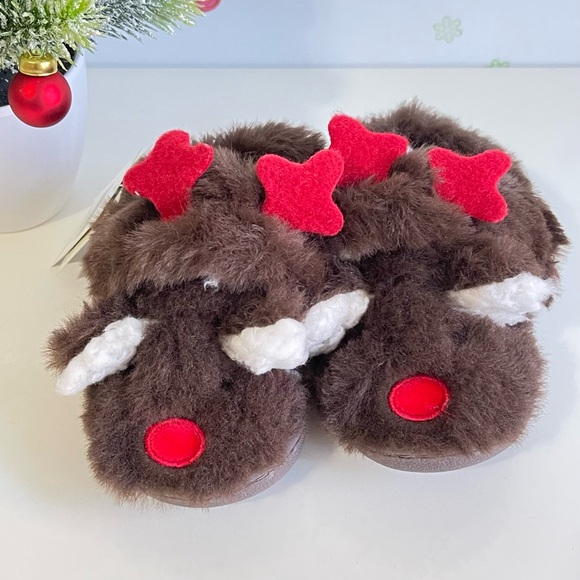 Toddler Festive Reindeer Slippers ~ Plush w/ Hook & Loop Closure ~ SZ 5 - Picture 3 of 10